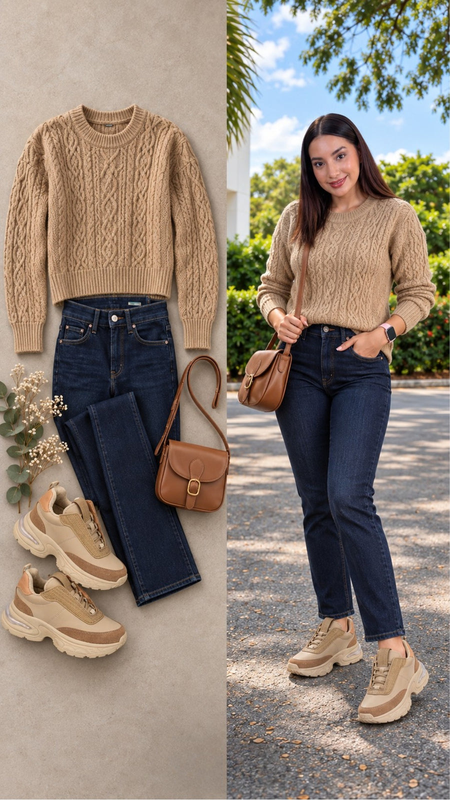 Look con tenis Ambrosía Tierra: suéter camel y jeans oscuros al aire libre.
