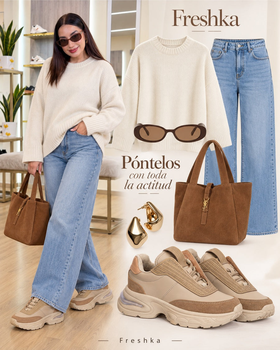 Look con tenis Ambrosía Tierra: suéter crema y jeans azules.