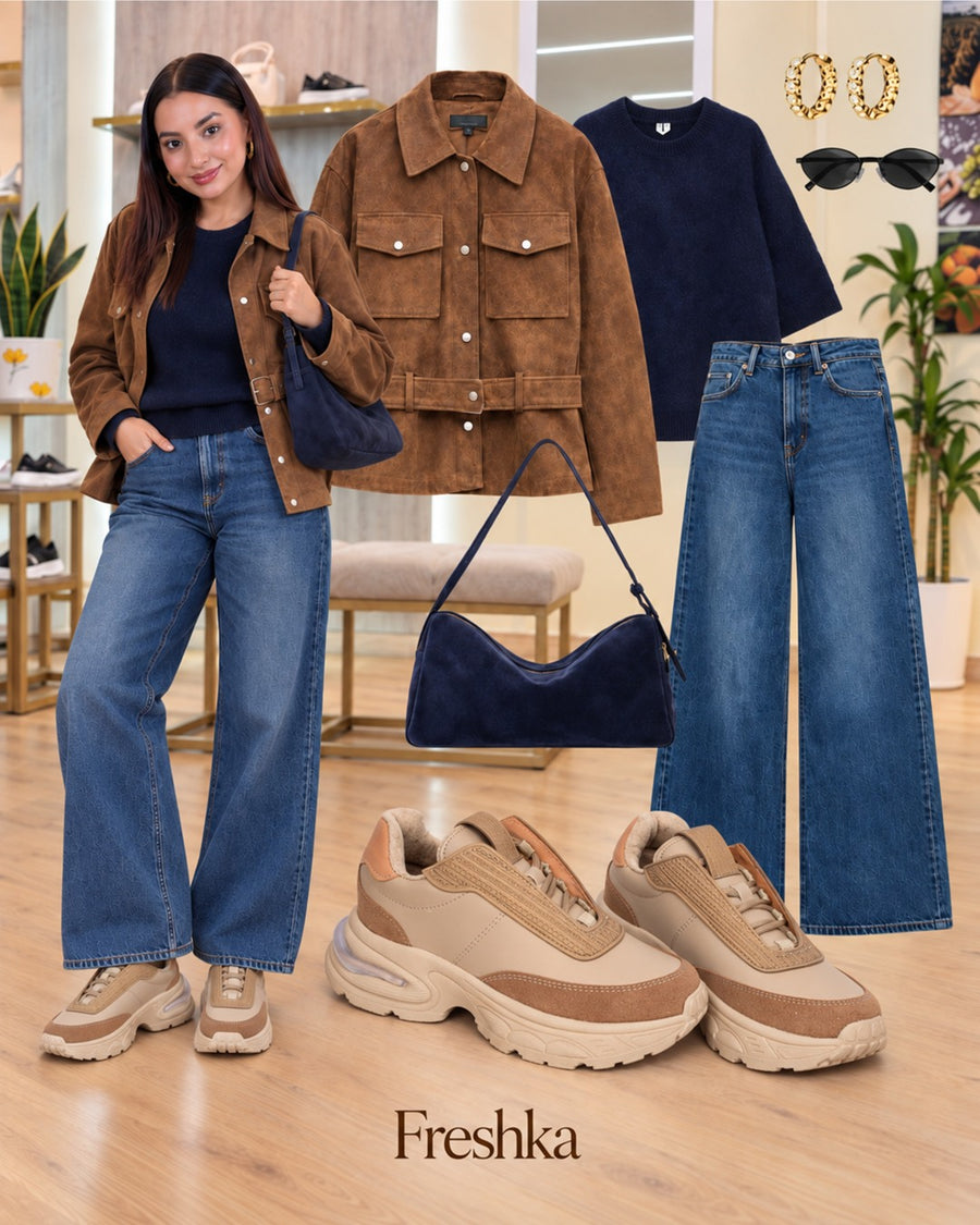 Look con tenis Ambrosía Tierra: chaqueta café, camiseta azul marino y jeans.