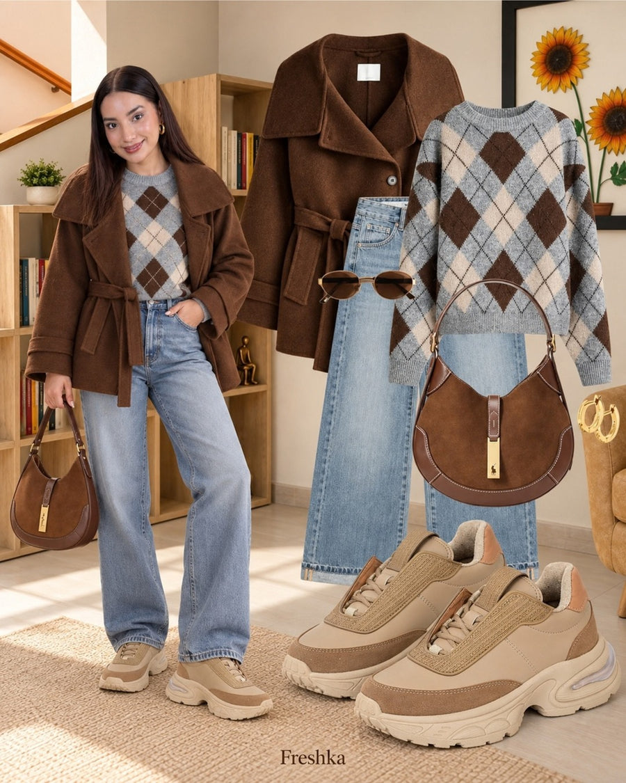 Look con tenis Ambrosía Tierra: chaqueta café, suéter de rombos y jeans grises.