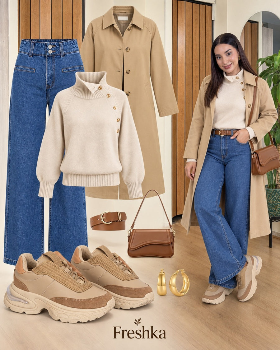 Look con tenis Ambrosía Tierra: gabardina beige, tejido crema y jeans azules.