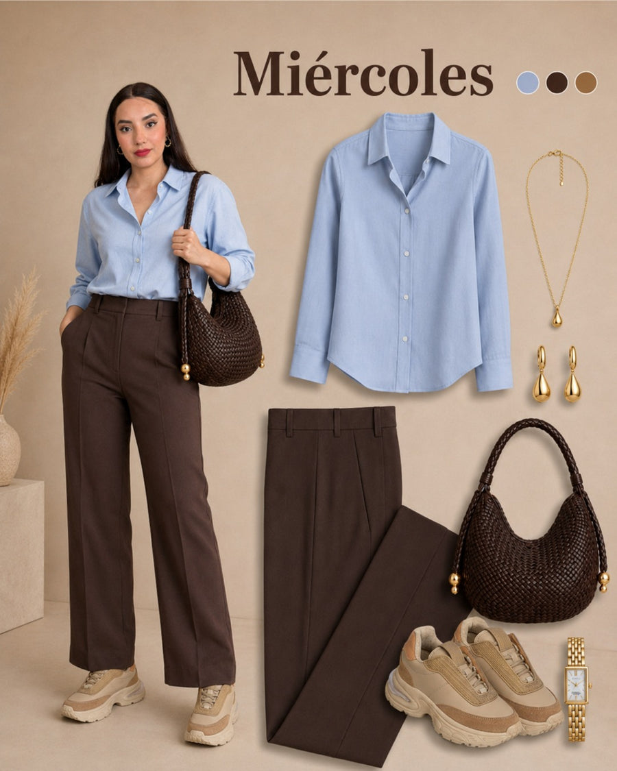 Look con tenis Ambrosía Tierra: camisa azul y pantalón café.