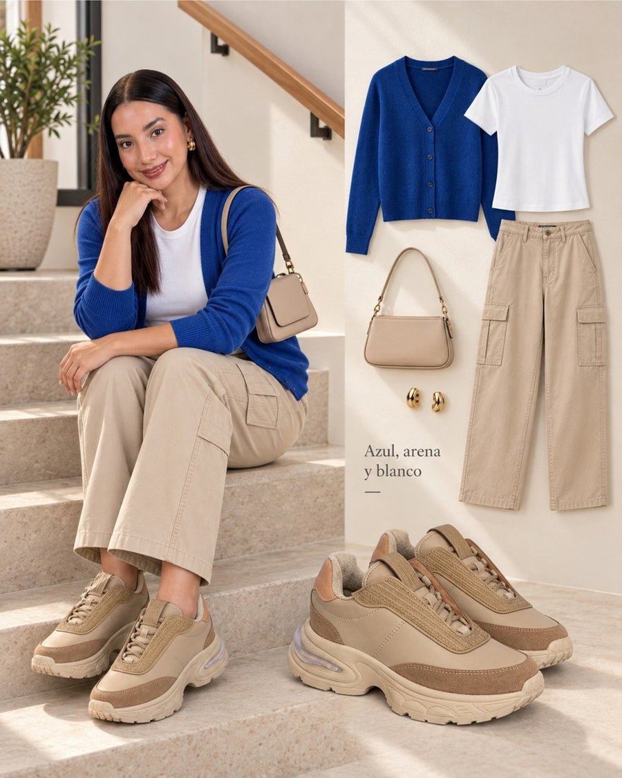 Look con tenis Ambrosía Tierra: cárdigan azul intenso, camiseta blanca y pantalón beige, sentada.