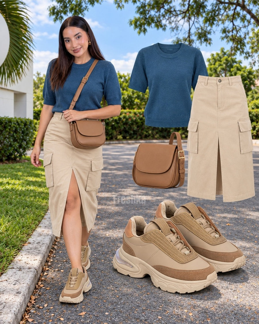 Look con tenis Ambrosía Tierra: camiseta azul y falda cargo beige con abertura.