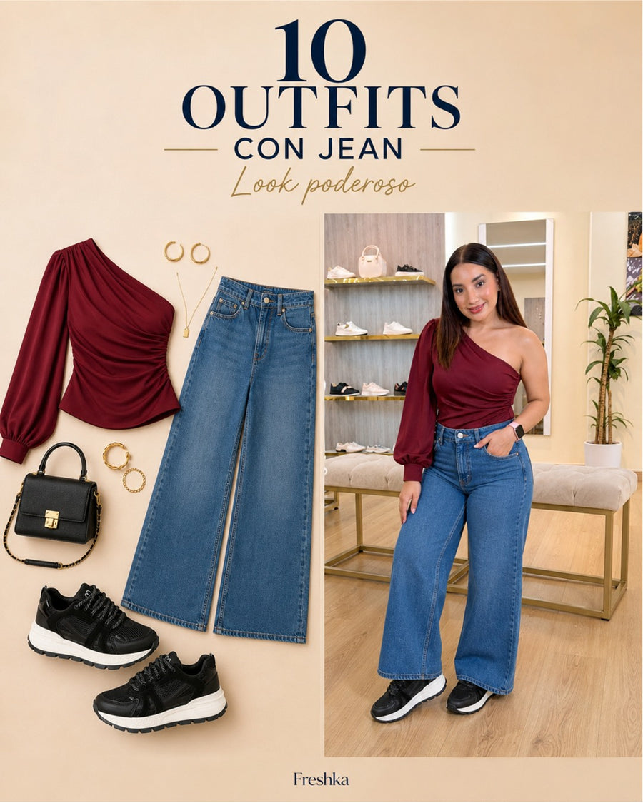 Look con tenis Ferrant Black: top asimétrico vino y jeans.