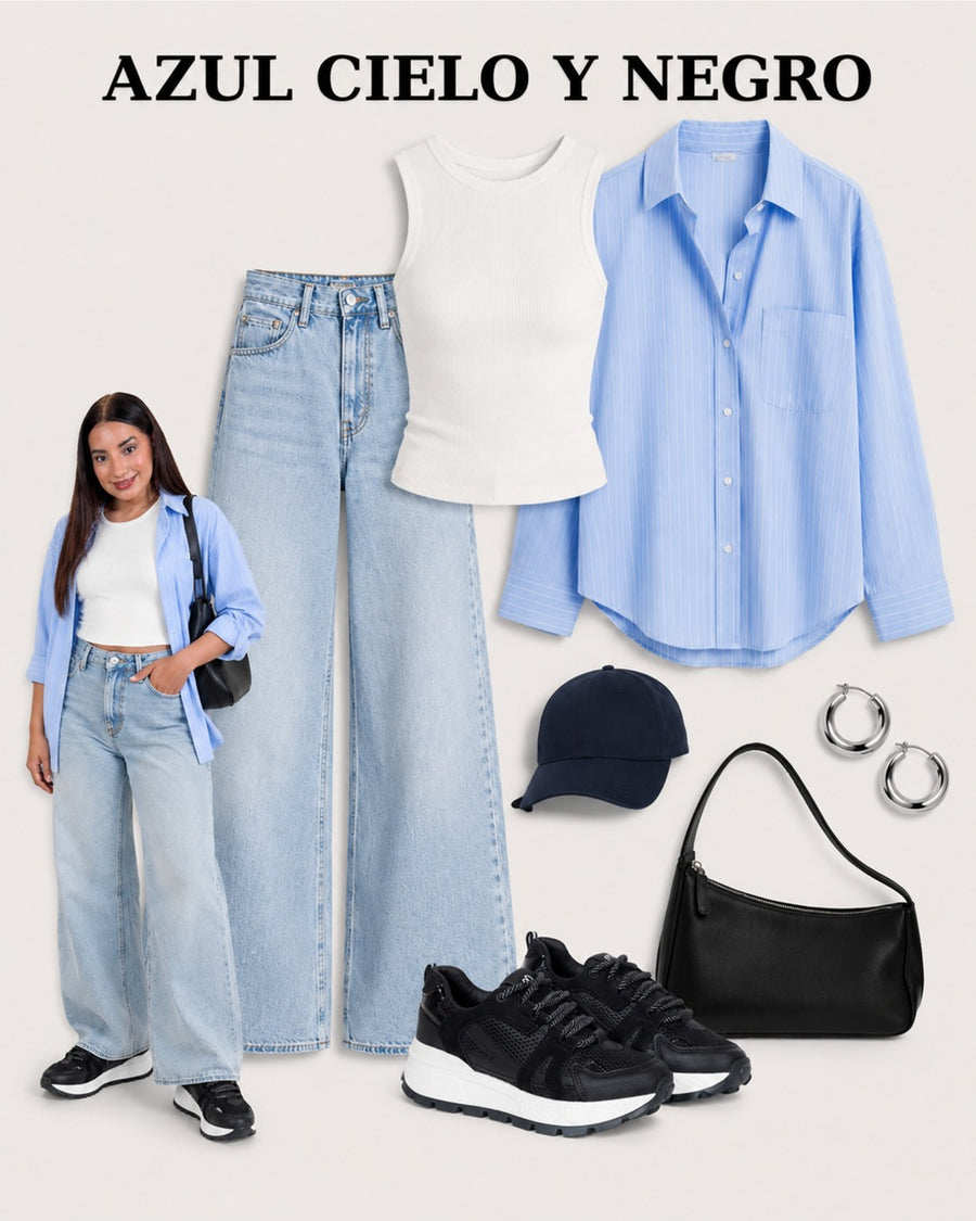 Look con tenis Ferrant Black: camisa azul abierta y jeans claros.