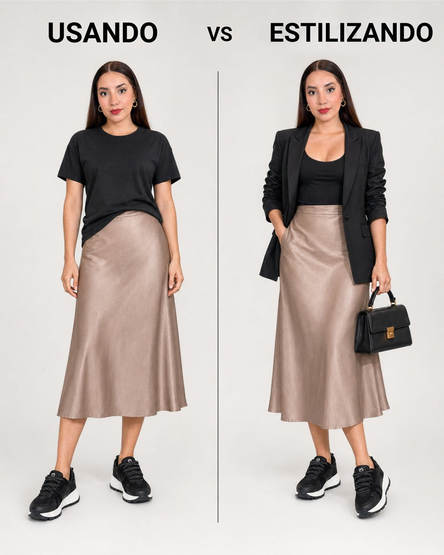 Look con tenis Ferrant Black: falda midi satinada taupe y camiseta negra, con opción de blazer.