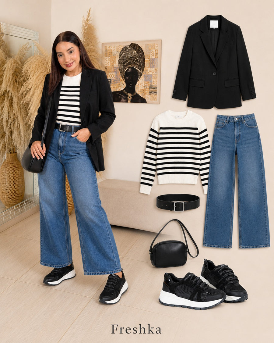 Look con tenis Ferrant Black: blazer negro, camiseta rayada y jeans.