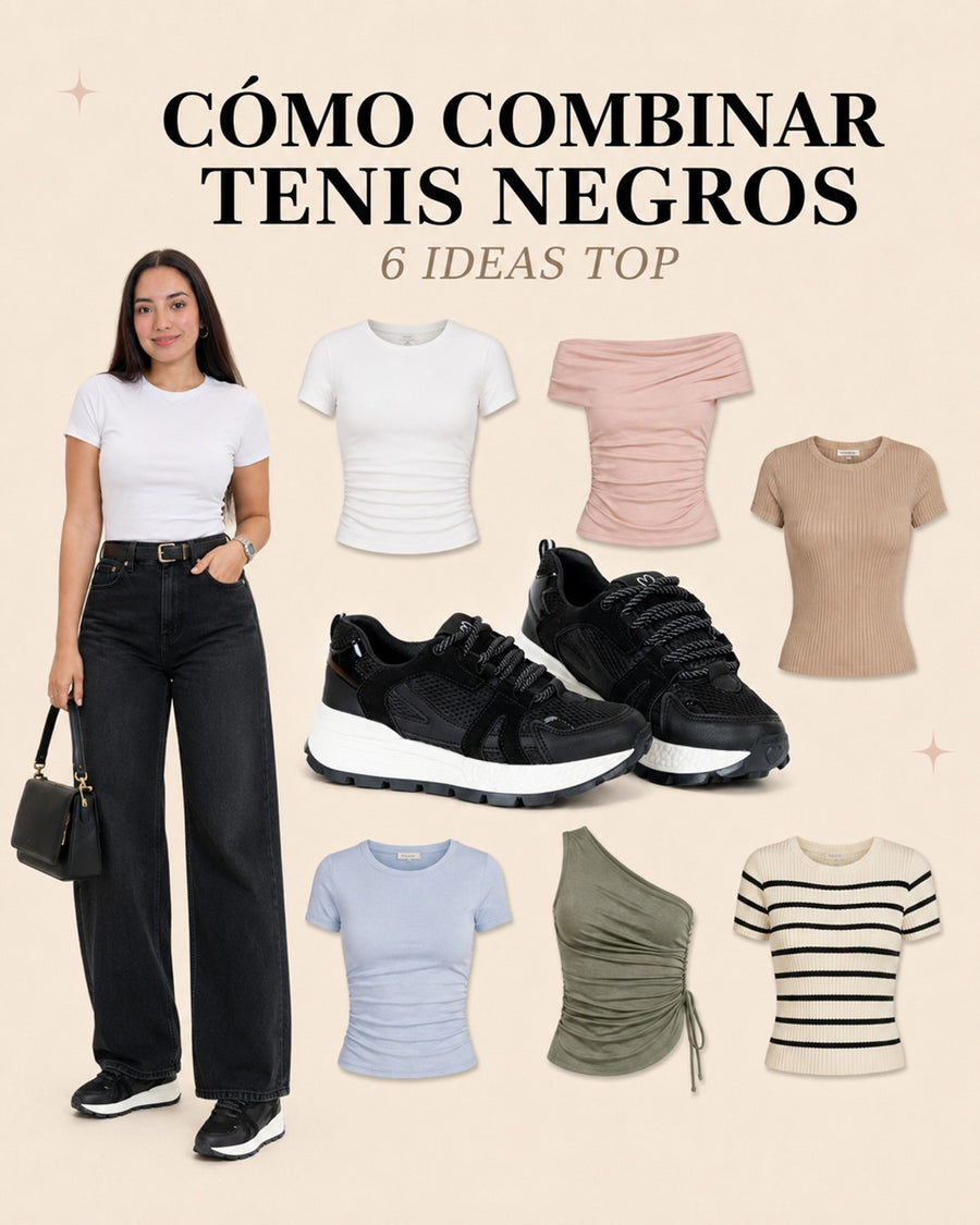 Look con tenis Ferrant Black: camiseta blanca y jeans negros anchos con seis ideas de tops.