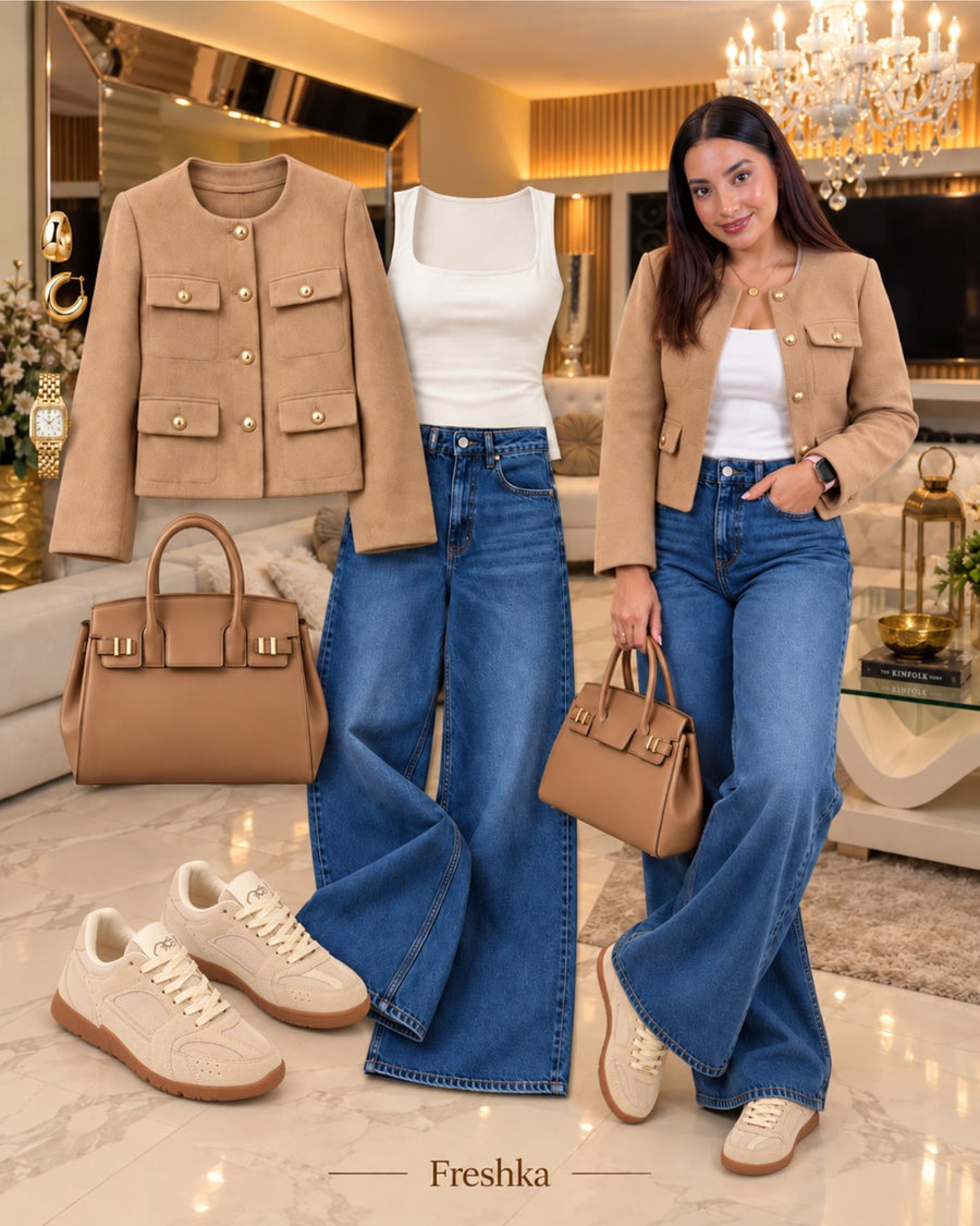 Look con tenis Mónaco Arena: cárdigan camel, camiseta blanca y jeans azules.