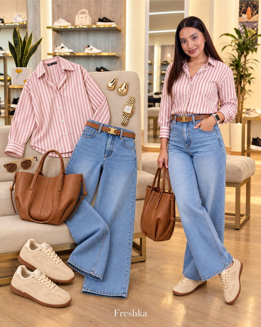 Look con tenis Mónaco Arena: camisa de rayas rosas y jeans azules.