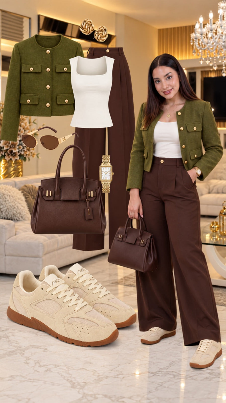 Look con tenis Mónaco Arena: chaqueta corta oliva y pantalón palazzo marrón.
