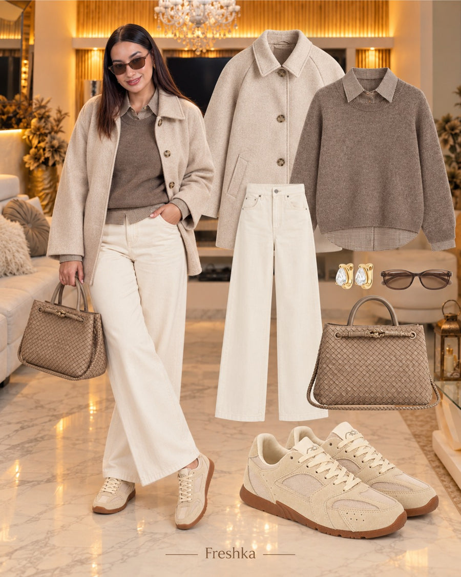 Look con tenis Mónaco Arena: chaqueta beige, polo taupe y pantalón blanco.
