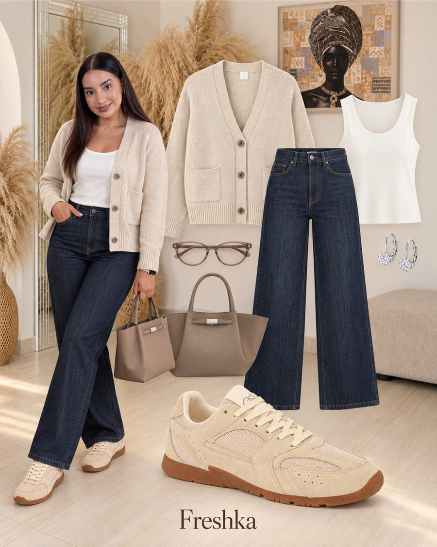 Look con tenis Mónaco Arena: cárdigan crema y jeans azul oscuro.