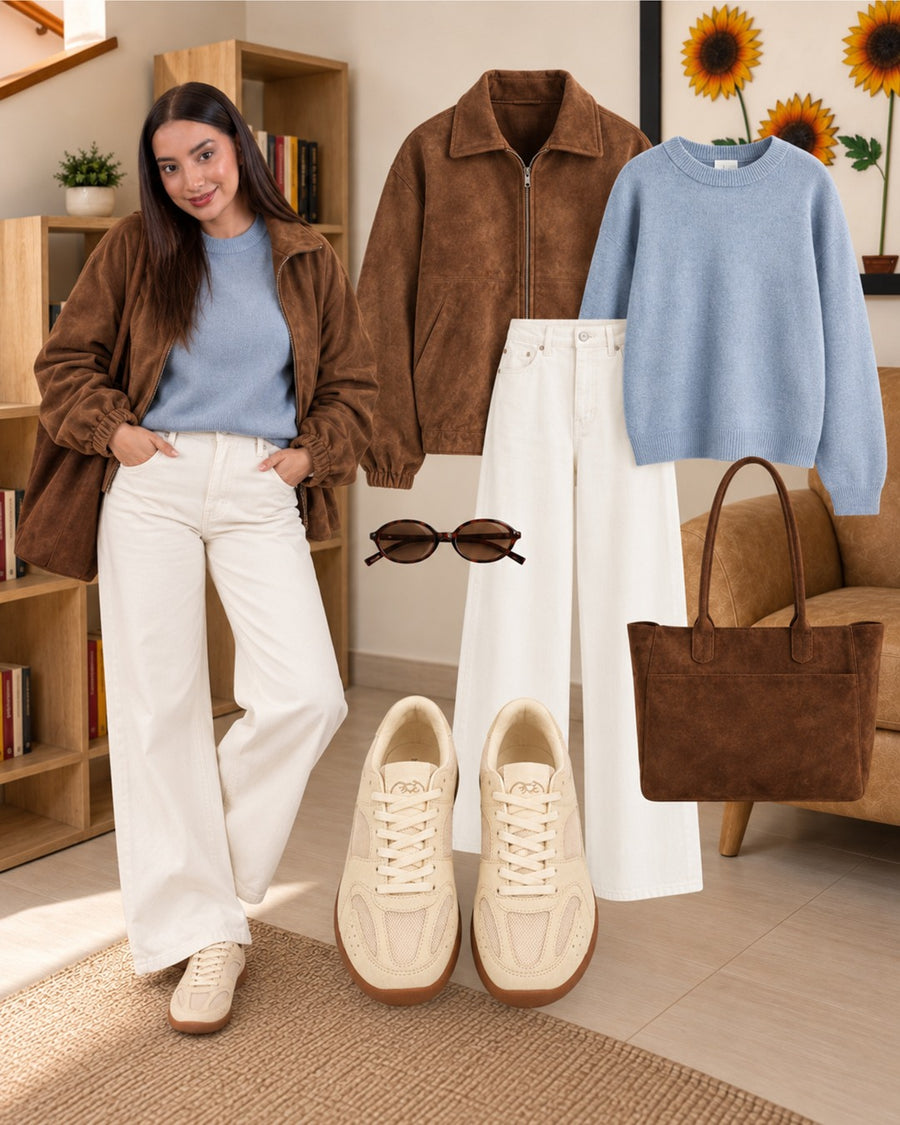 Look con tenis Mónaco Arena: chaqueta café, tejido azul claro y pantalón blanco.