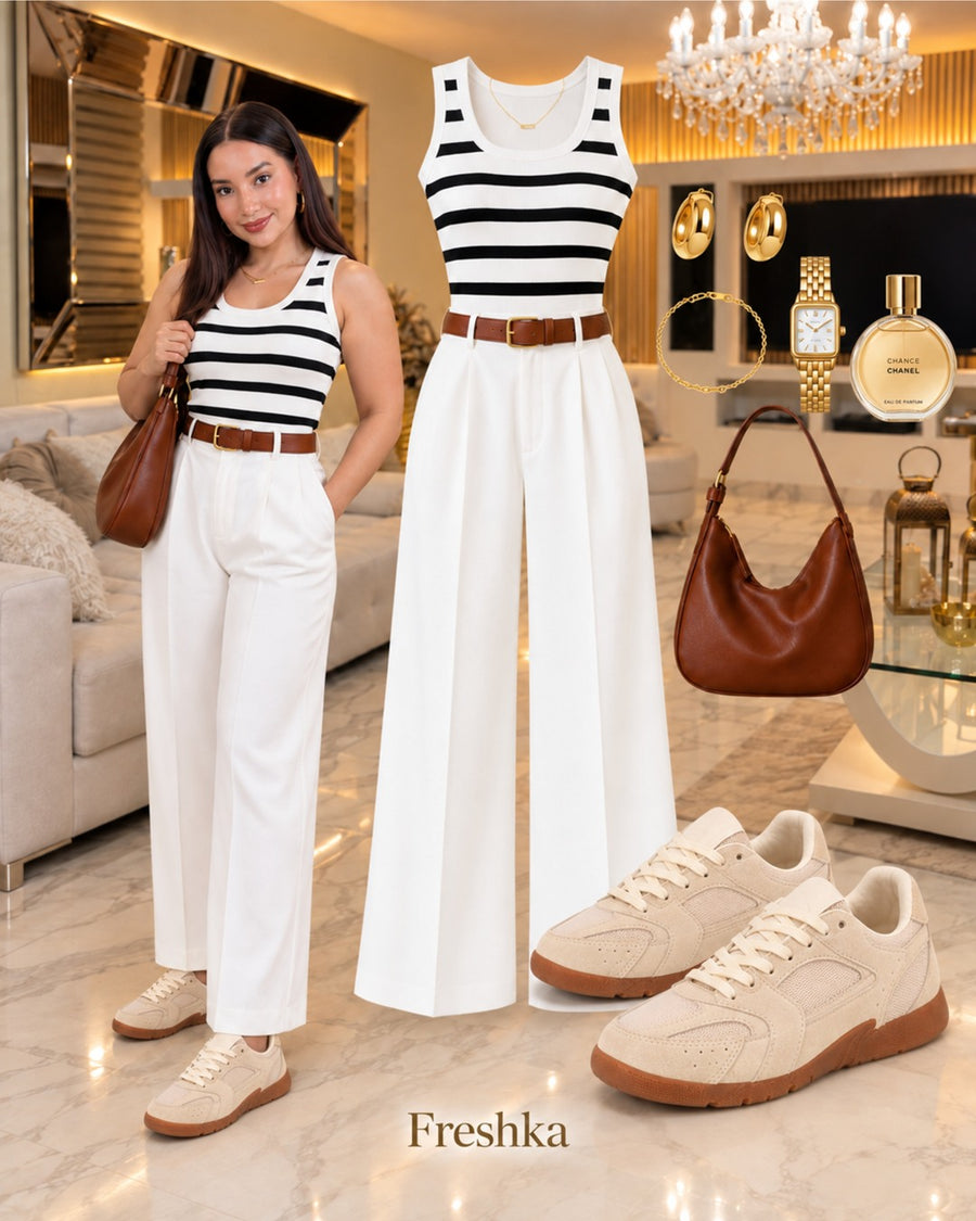 Look con tenis Mónaco Arena: top de rayas sin mangas y palazzo blanco.