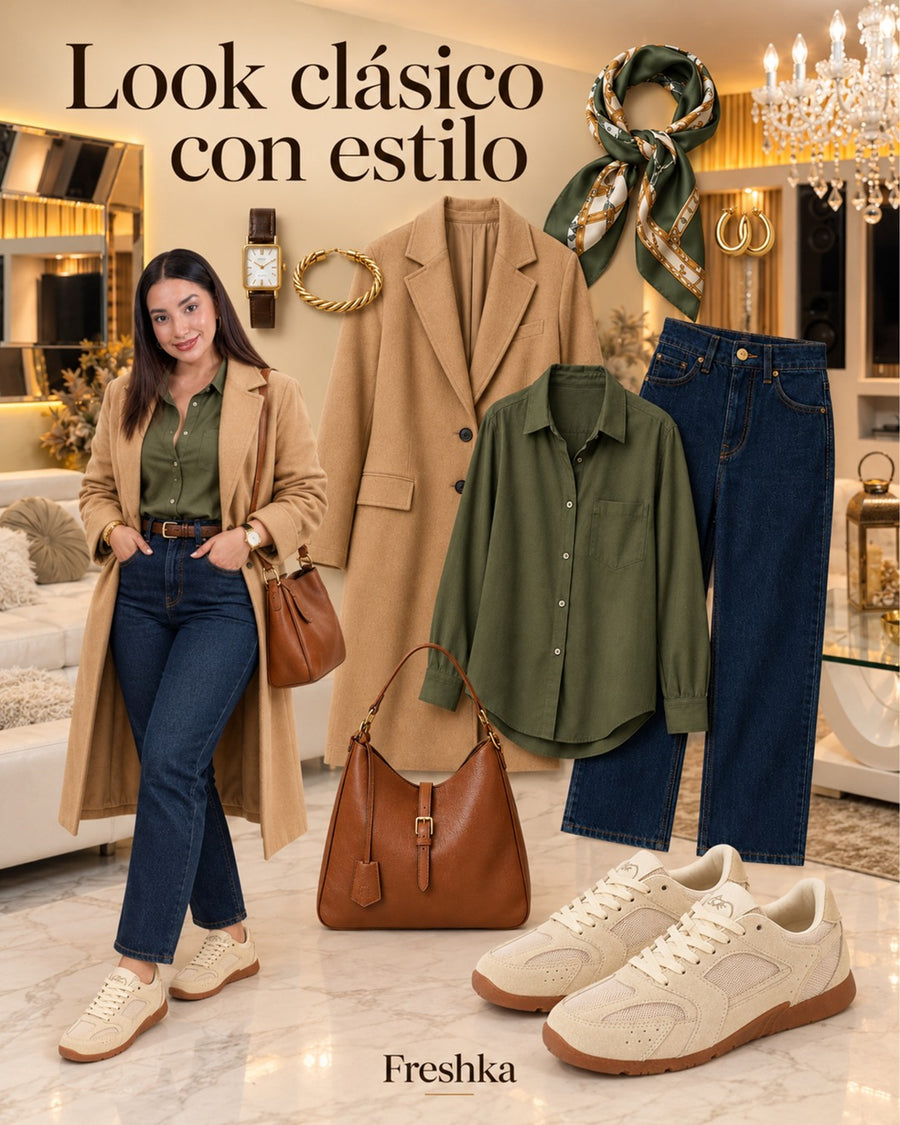 Look con tenis Mónaco Arena: blazer camel, blusa oliva y jeans azules.
