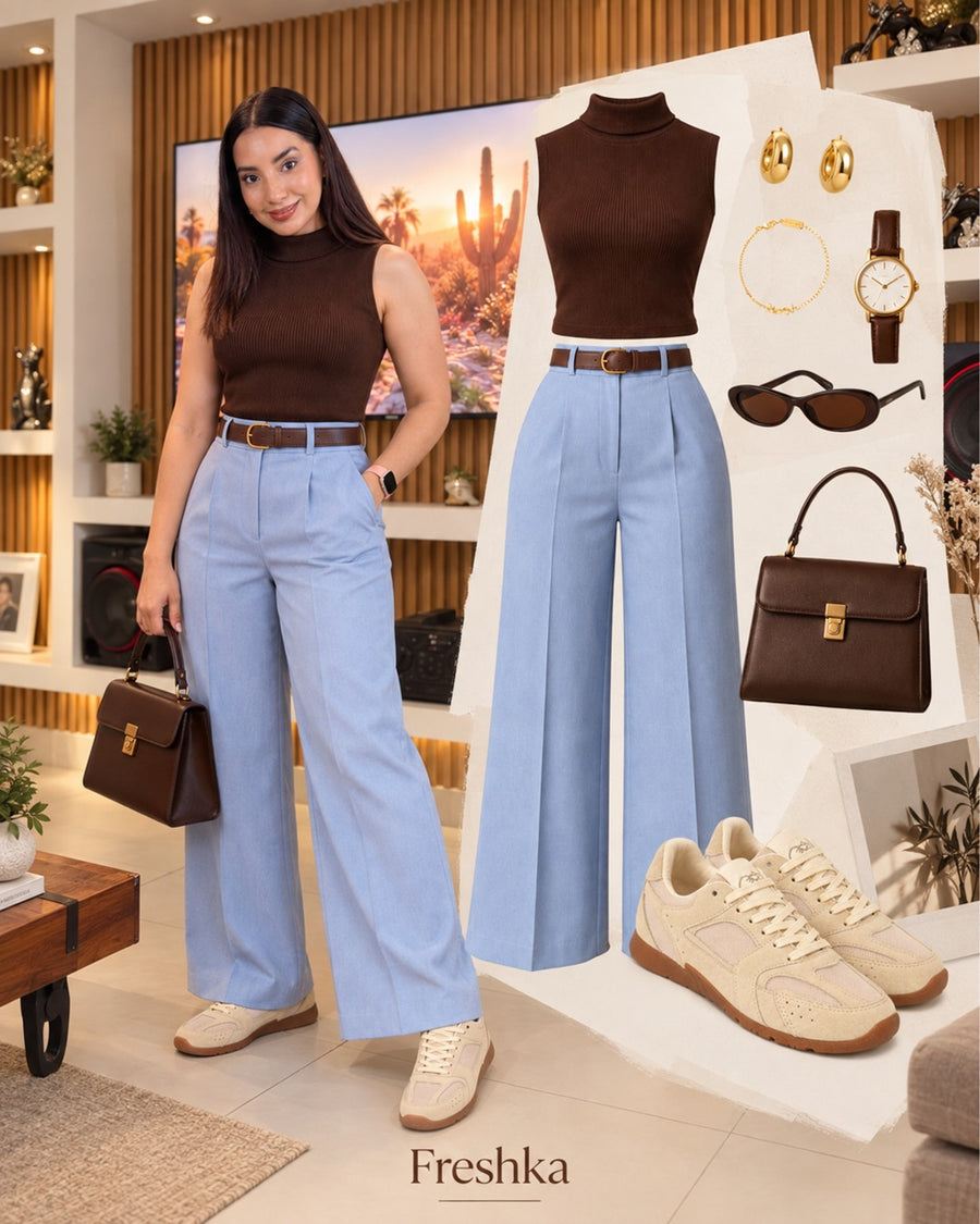 Look con tenis Mónaco Arena: tejido marrón sin mangas y pantalón azul claro.