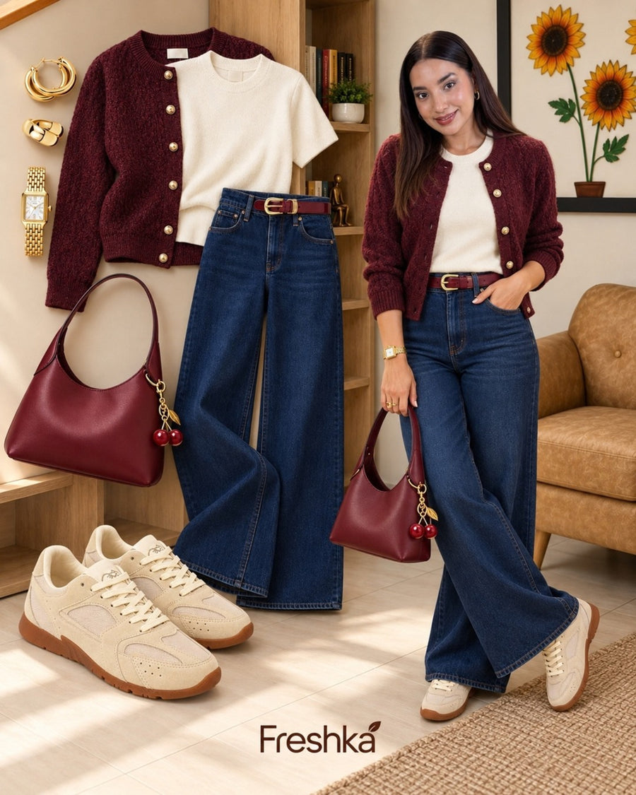 Look con tenis Mónaco Arena: cárdigan vino, camiseta crema y jeans azules.