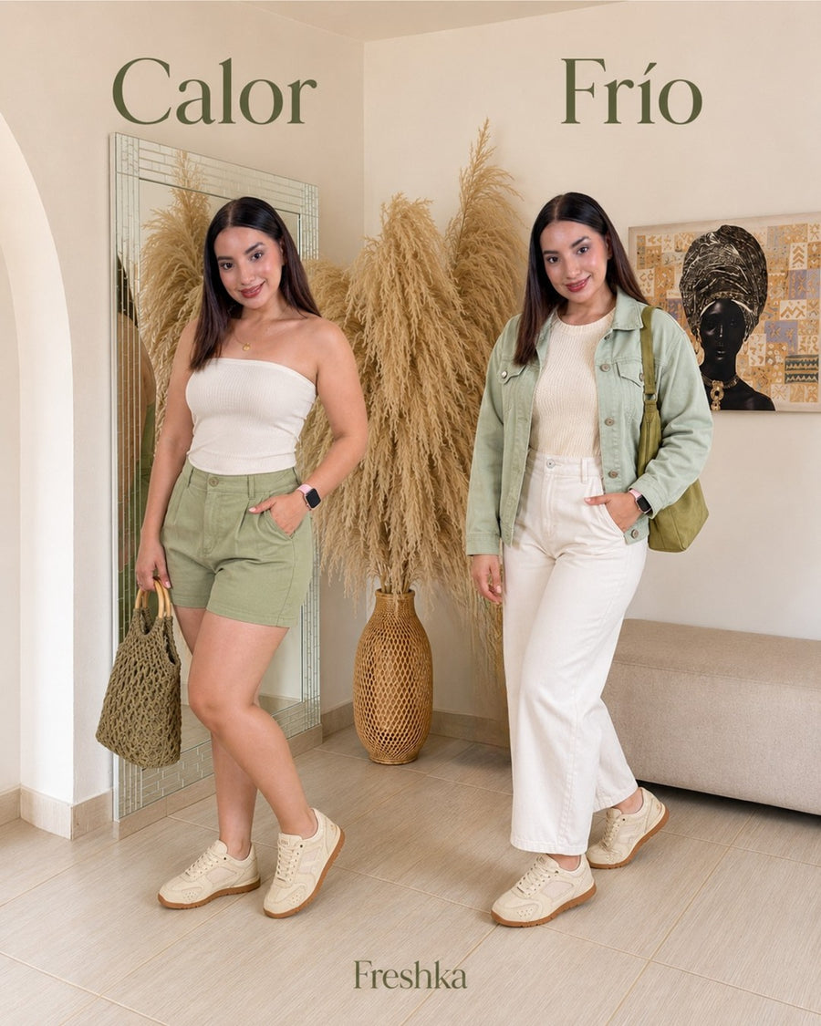 Look con tenis Mónaco Arena: short verde para calor y pantalón blanco con capas para frío.