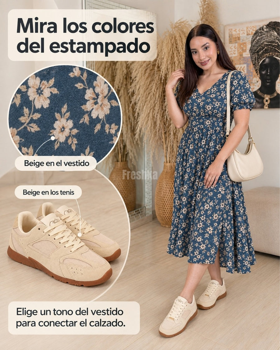 Look con tenis Mónaco Arena: vestido midi floral azul marino.