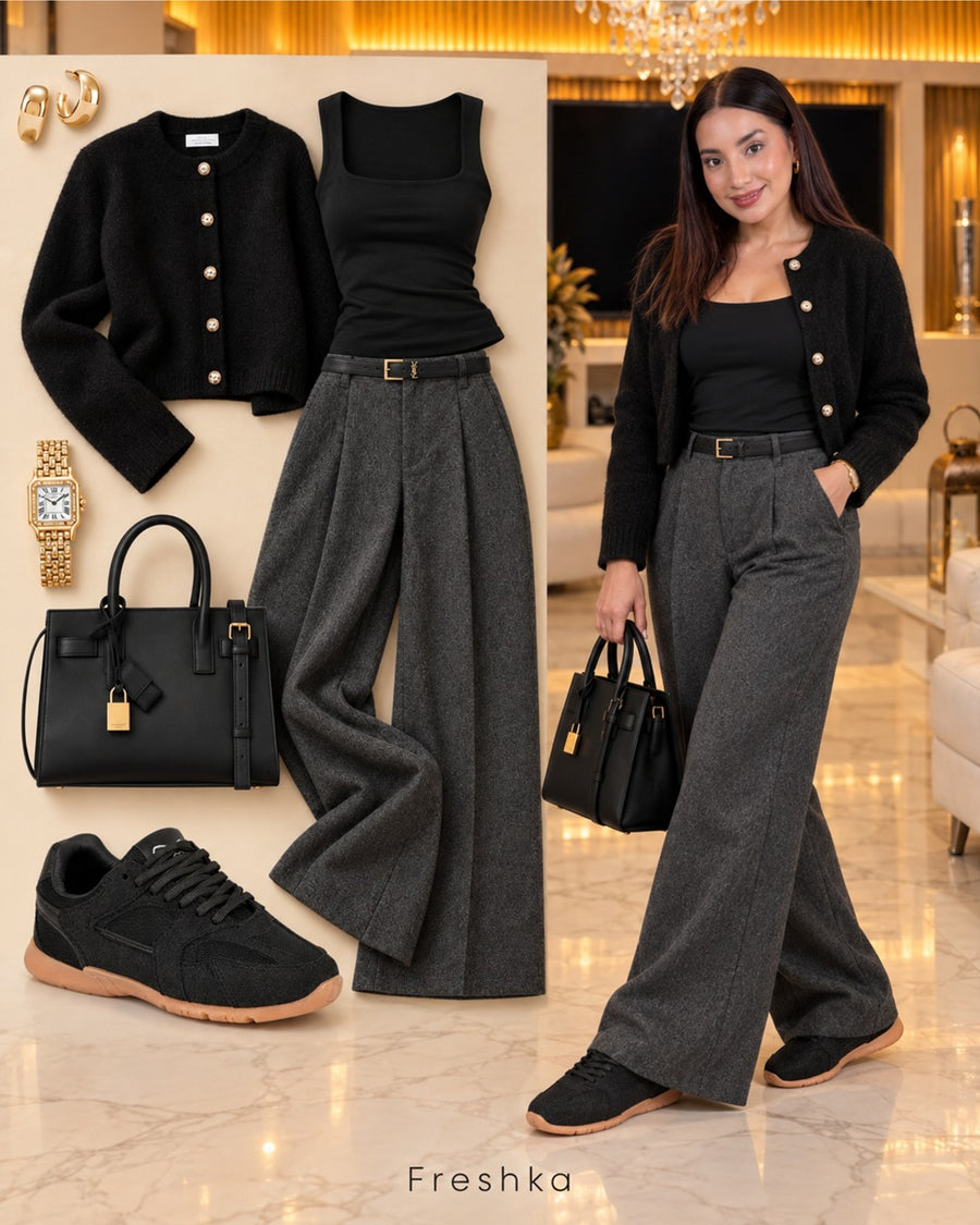 Look con tenis Mónaco Black: chaqueta negra con botones y pantalón gris.