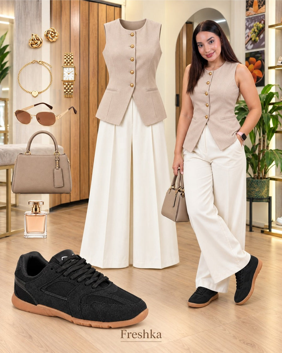 Look con tenis Mónaco Black: chaleco beige y palazzo blanco.