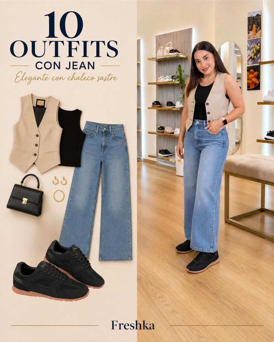 Look con tenis Mónaco Black: chaleco beige, top negro y jeans.