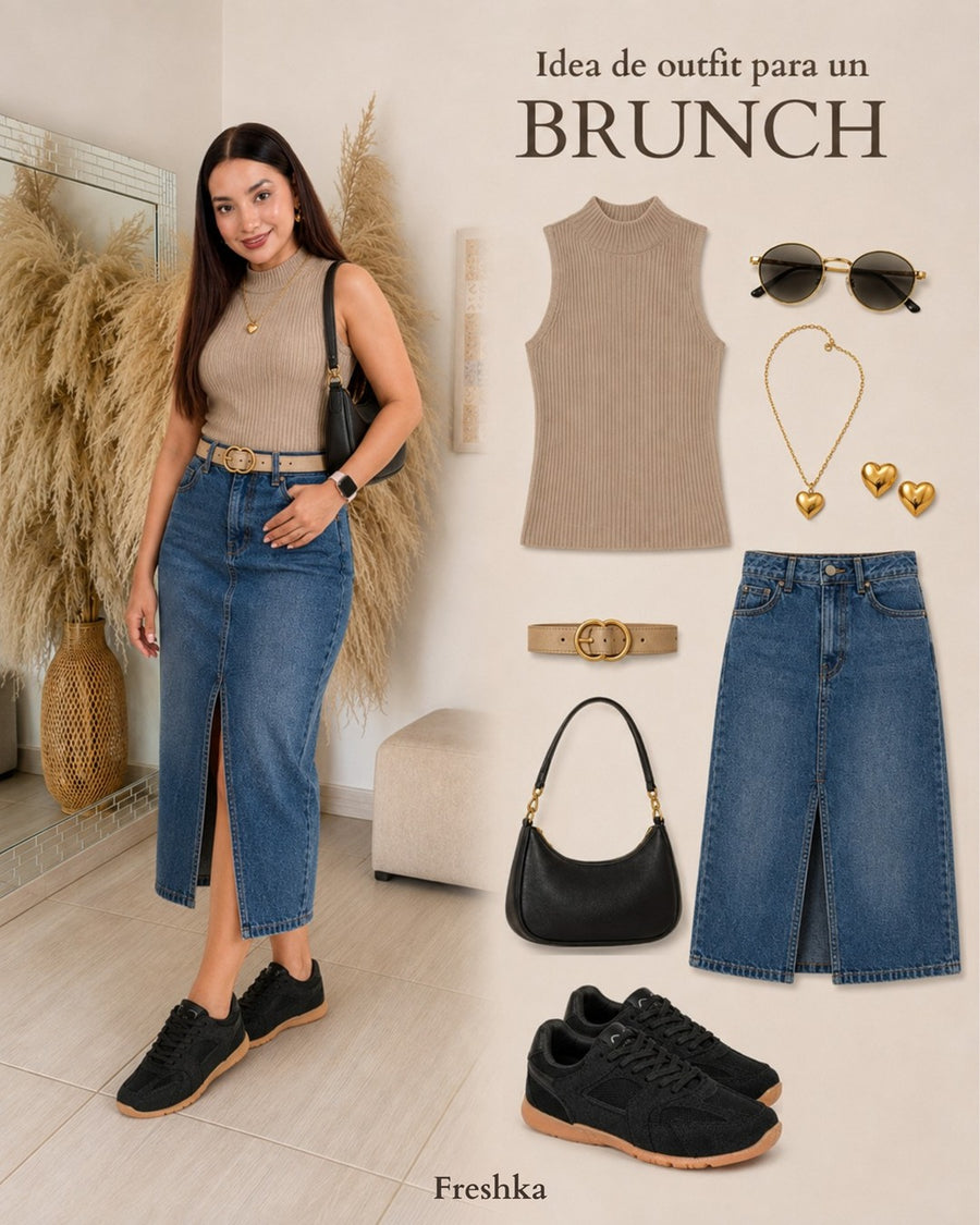 Look con tenis Mónaco Black: top taupe y falda midi denim.