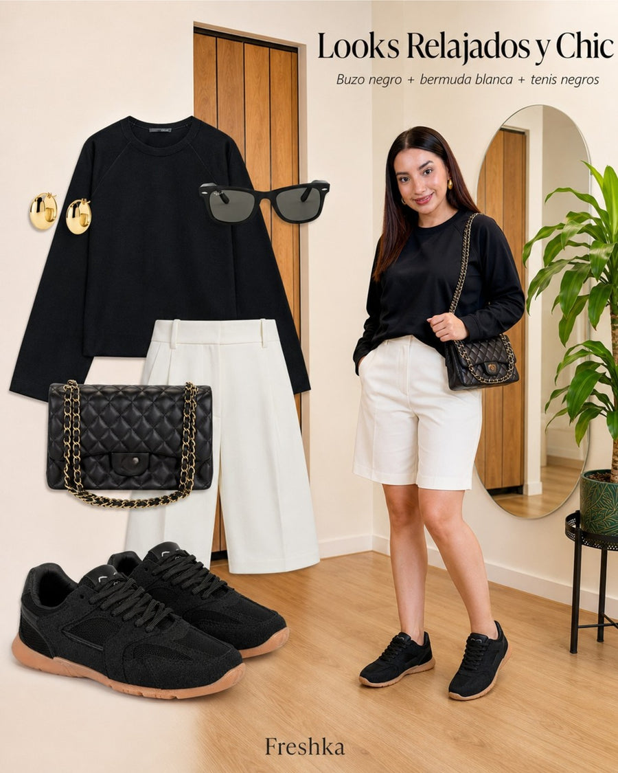 Look con tenis Mónaco Black: tejido negro y bermudas blancas.