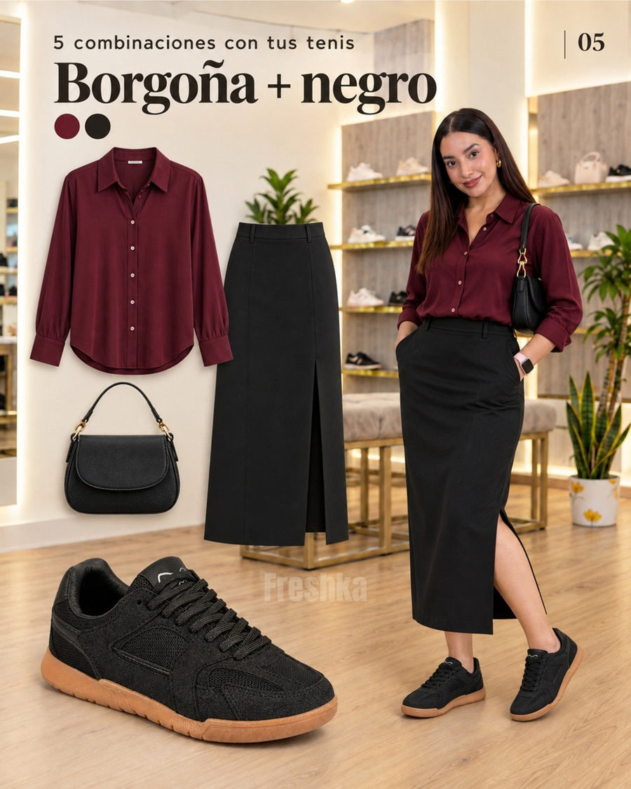 Look con tenis Mónaco Black: blusa vino y falda midi negra con abertura.