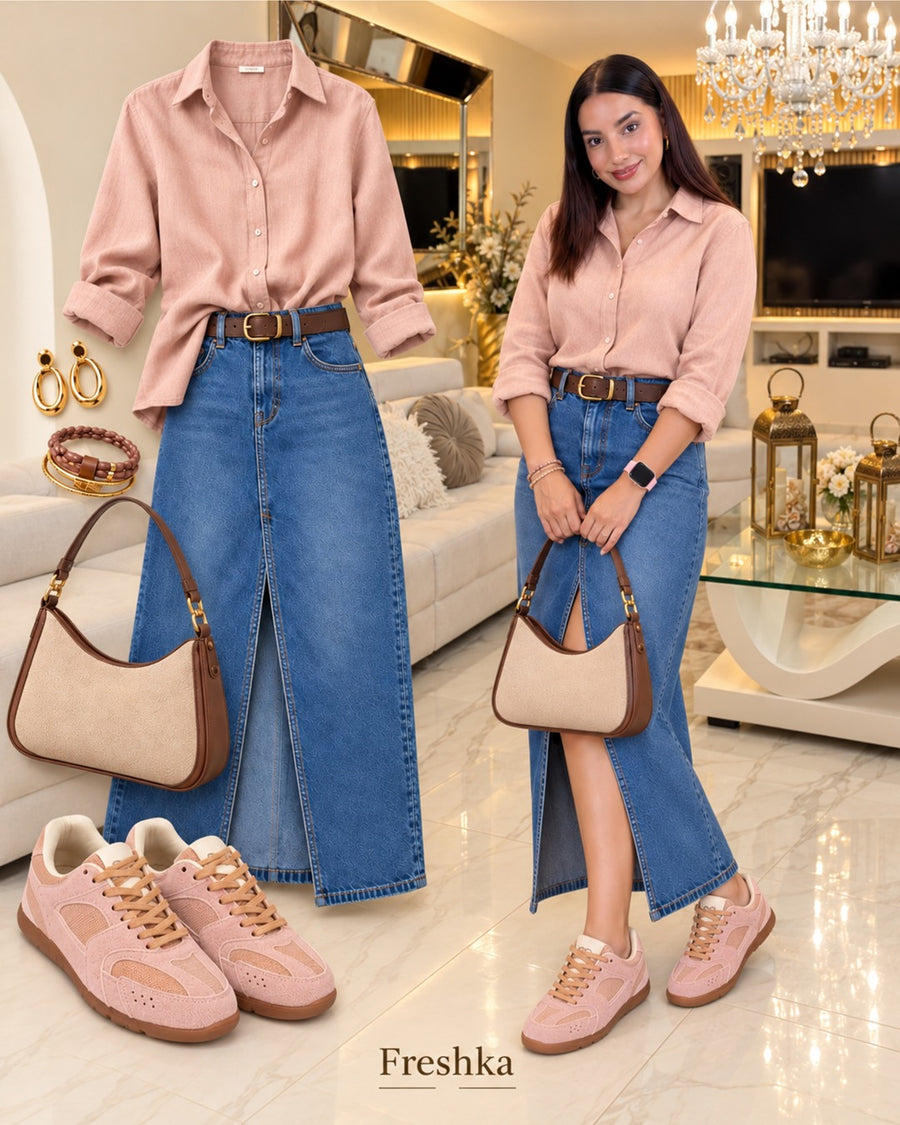 Look con tenis Mónaco Rosa: camisa rosa y falda midi denim con abertura.