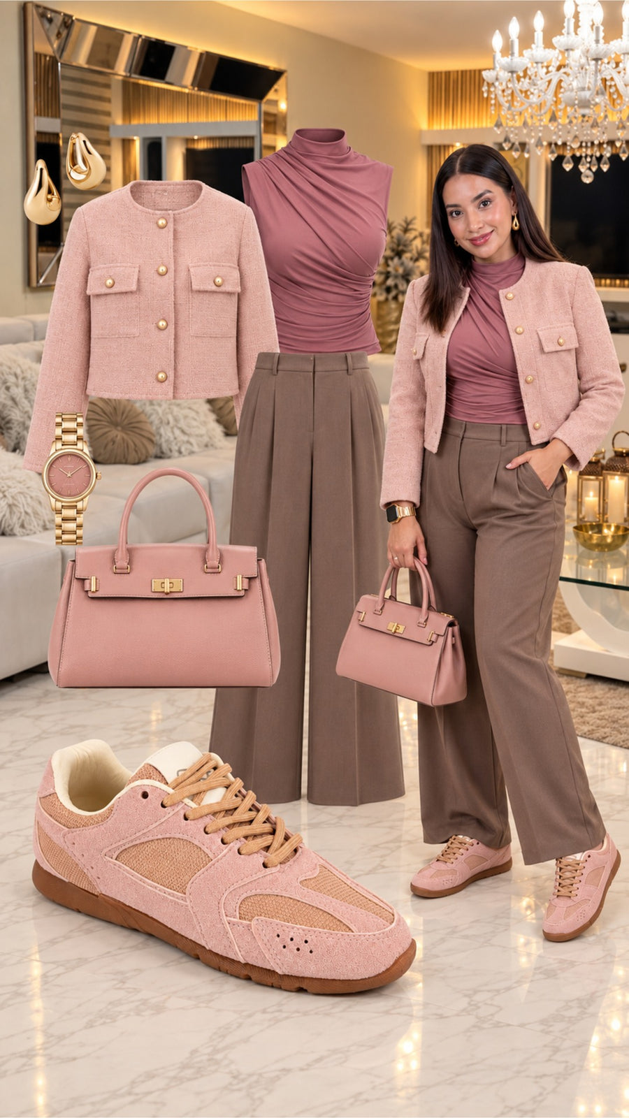 Look con tenis Mónaco Rosa: chaqueta corta rosa, top drapeado y pantalón marrón.