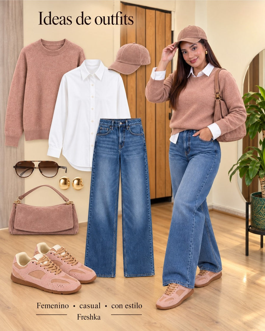 Look con tenis Mónaco Rosa: polo rosa con cuello blanco, gorra y jeans.