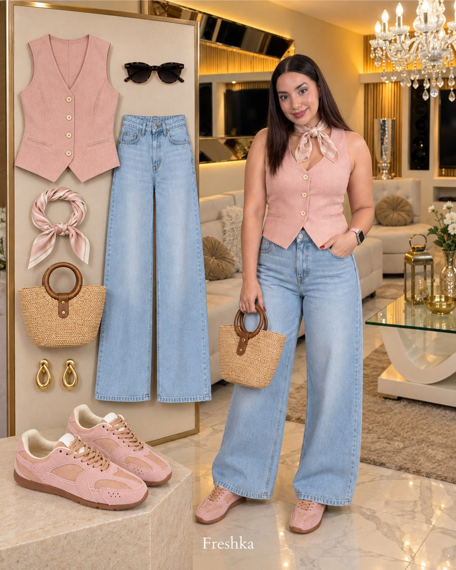 Look con tenis Mónaco Rosa: chaleco rosa y jeans claros.