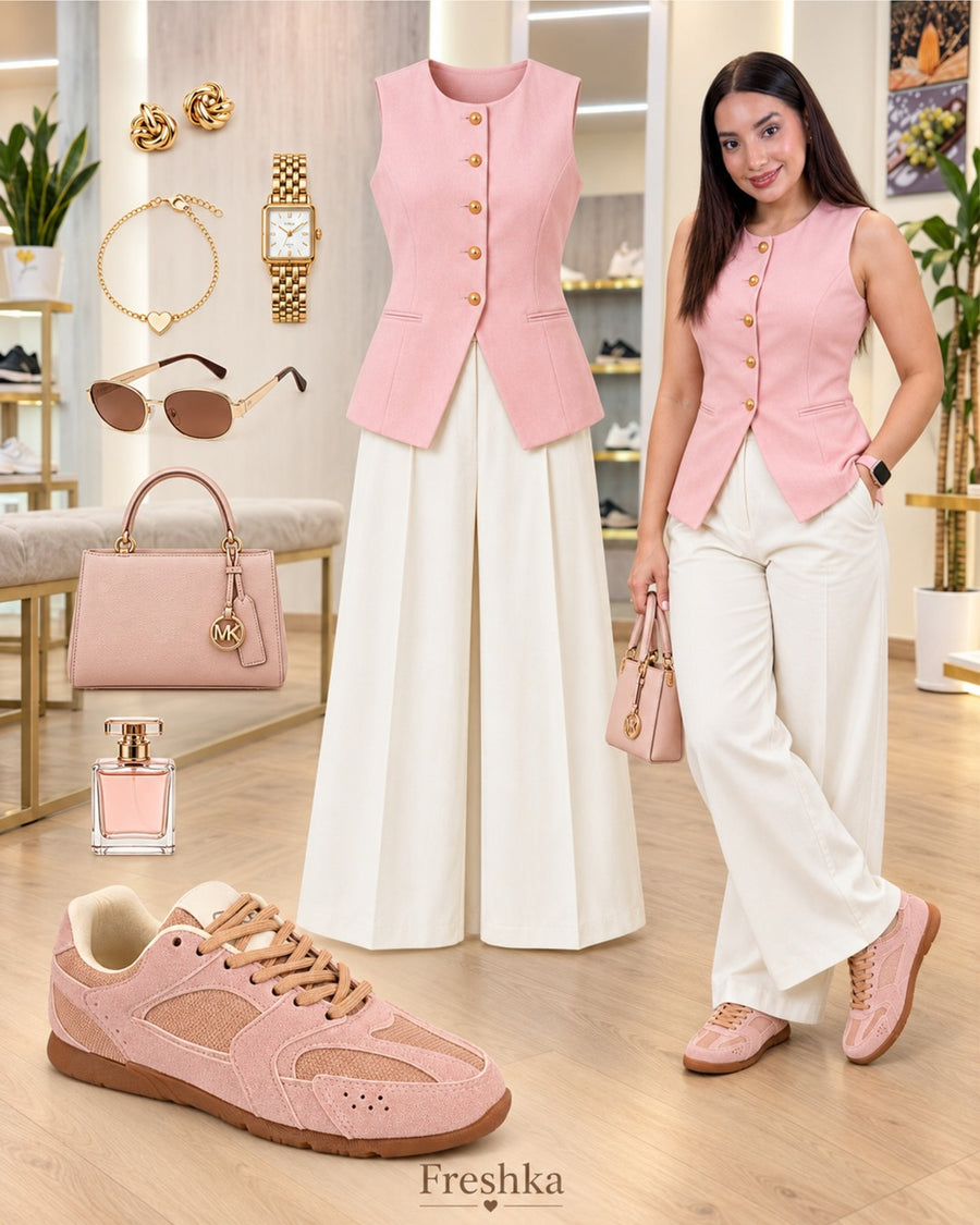 Look con tenis Mónaco Rosa: chaleco rosa y palazzo blanco.