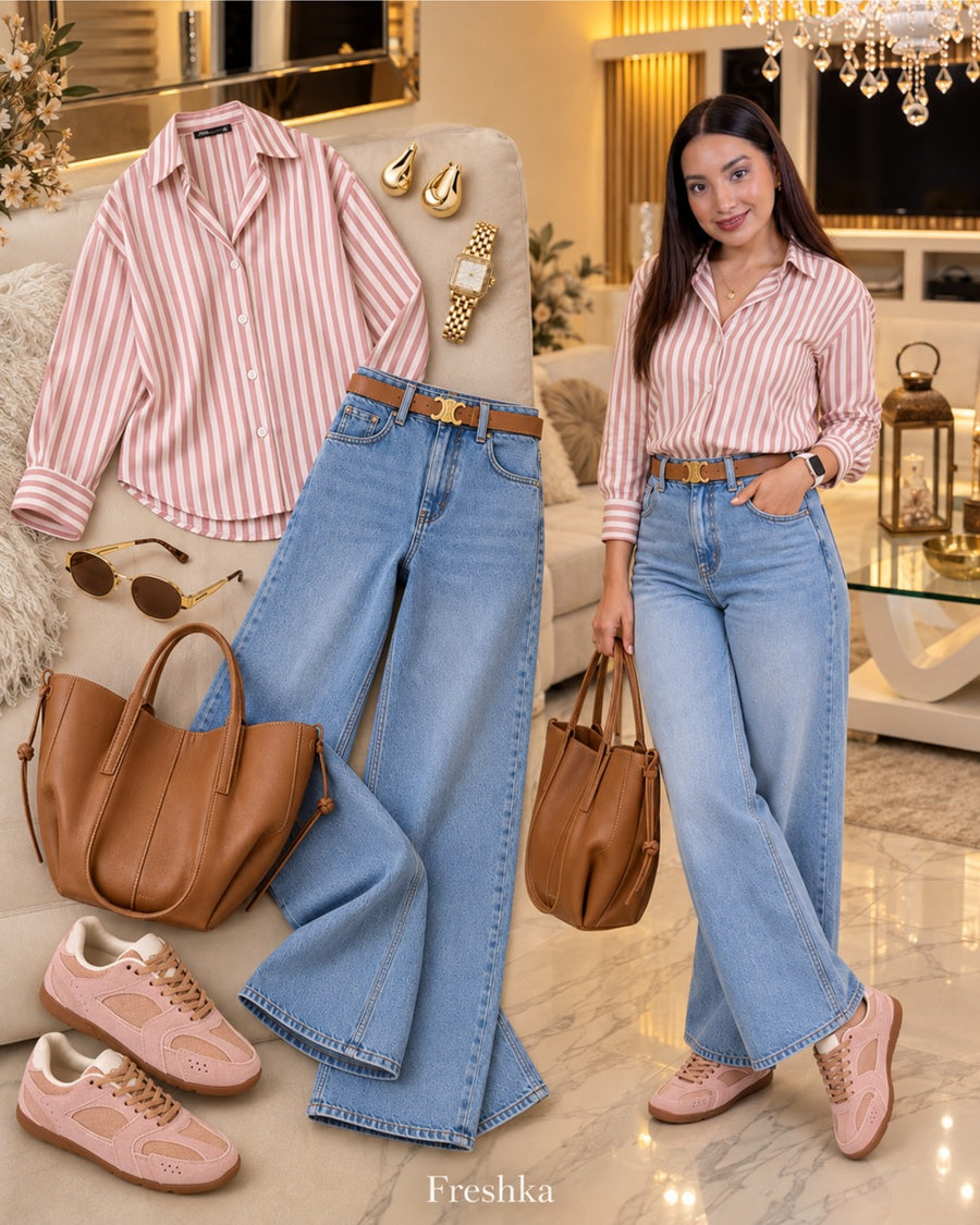 Look con tenis Mónaco Rosa: camisa de rayas rosas y jeans azules.
