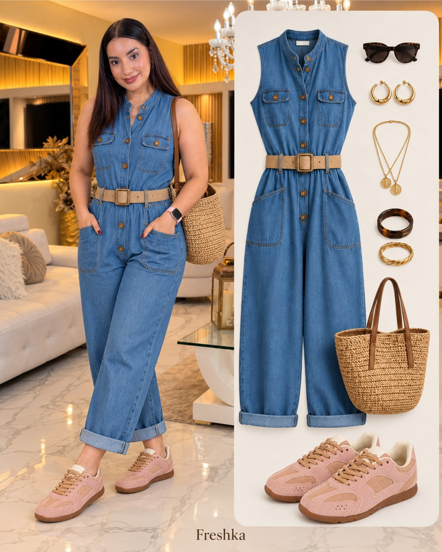 Look con tenis Mónaco Rosa: enterizo denim.