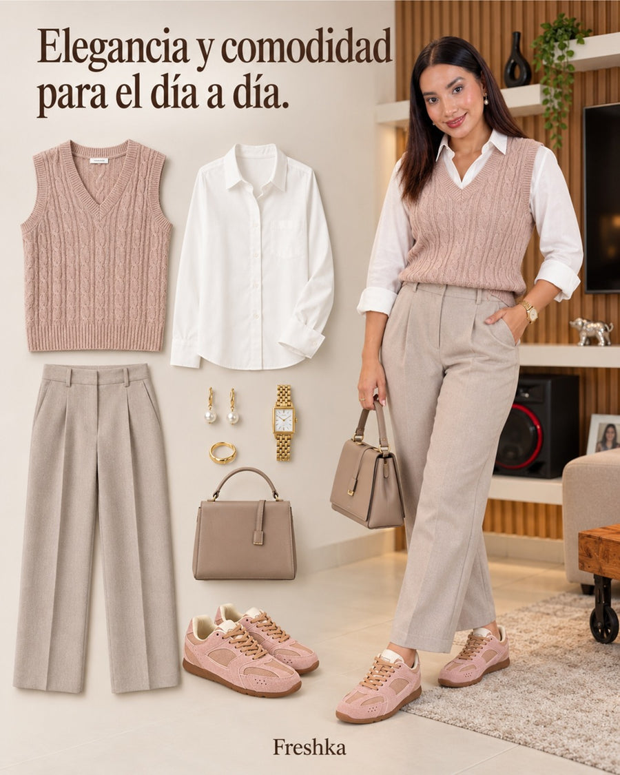 Look con tenis Mónaco Rosa: chaleco tejido rosa, camisa blanca y pantalón beige.