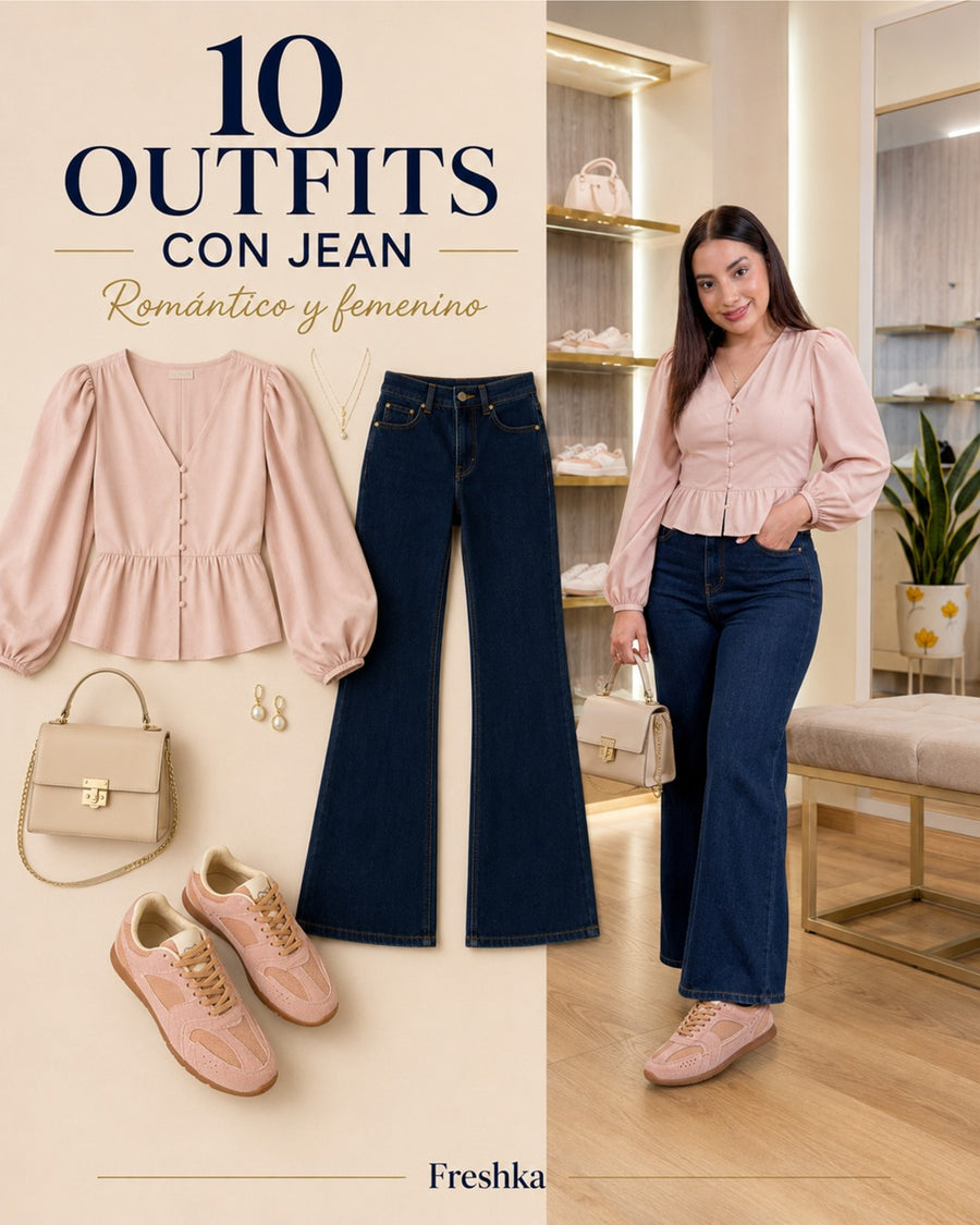 Look con tenis Mónaco Rosa: blusa rosa con volantes y jeans oscuros.