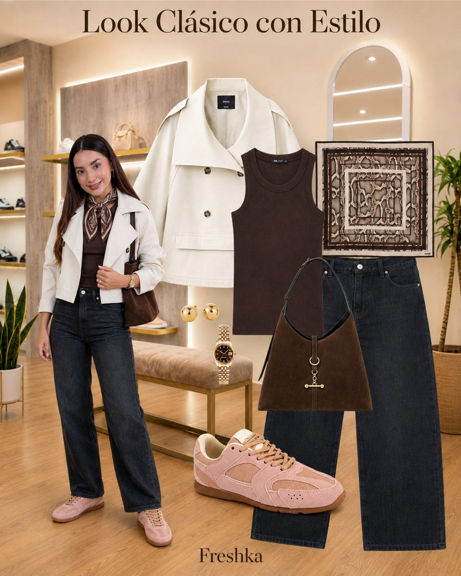 Look con tenis Mónaco Rosa: chaqueta blanca y pantalón negro.