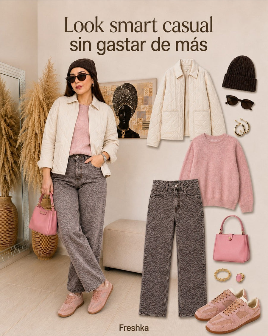 Look con tenis Mónaco Rosa, chaqueta acolchada crema, suéter rosa, pantalón estampado de leopardo en tonos taupe, gorro tejido marrón y bolso rosa.