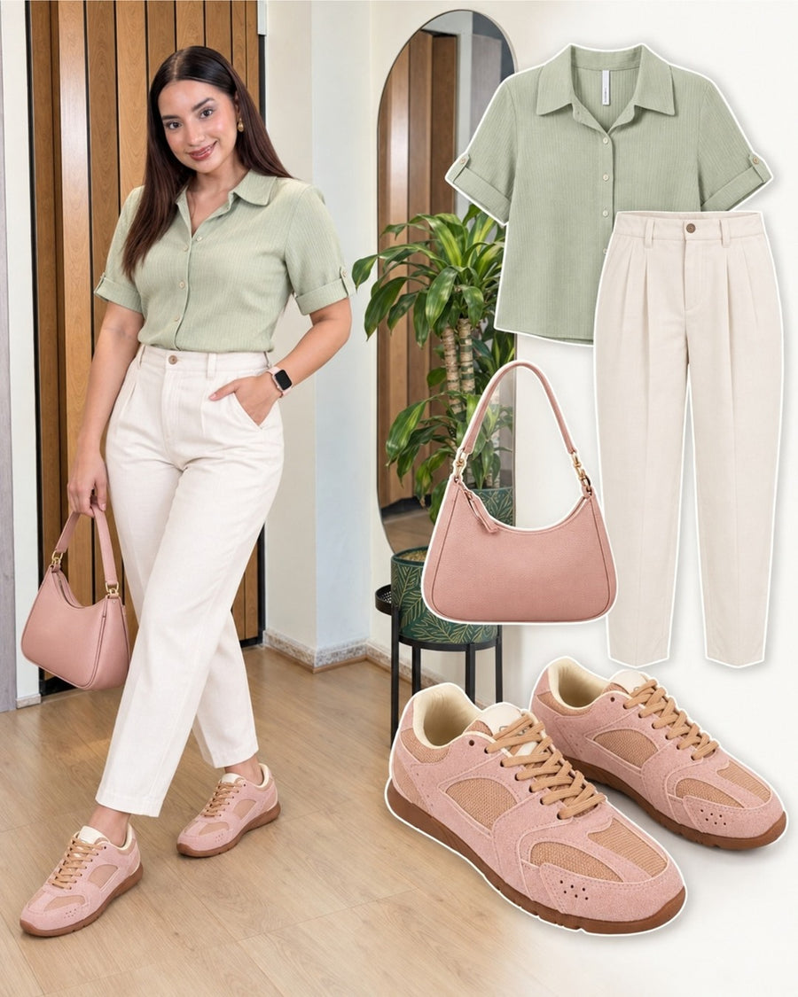 Look con tenis Mónaco Rosa: blusa verde salvia y pantalón blanco.