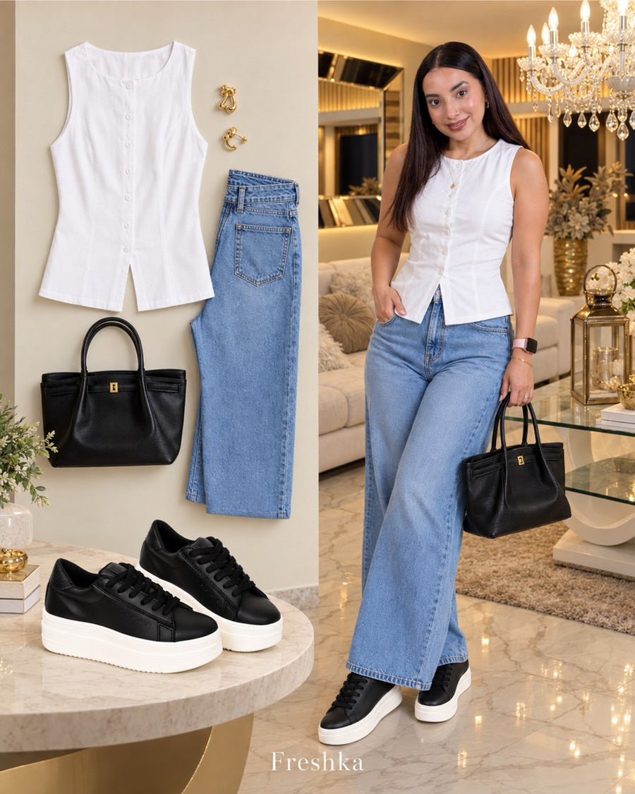 Look con tenis Oreo: chaleco blanco y jeans azules.