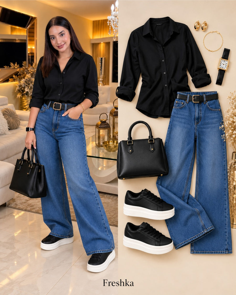 Look con tenis Oreo: camisa negra y jeans azules.
