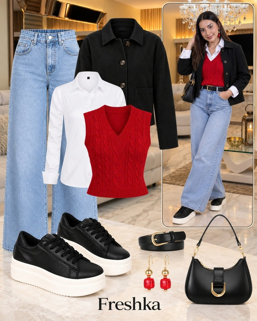 Look con tenis Oreo: camisa blanca, chaleco rojo, blazer negro y jeans.