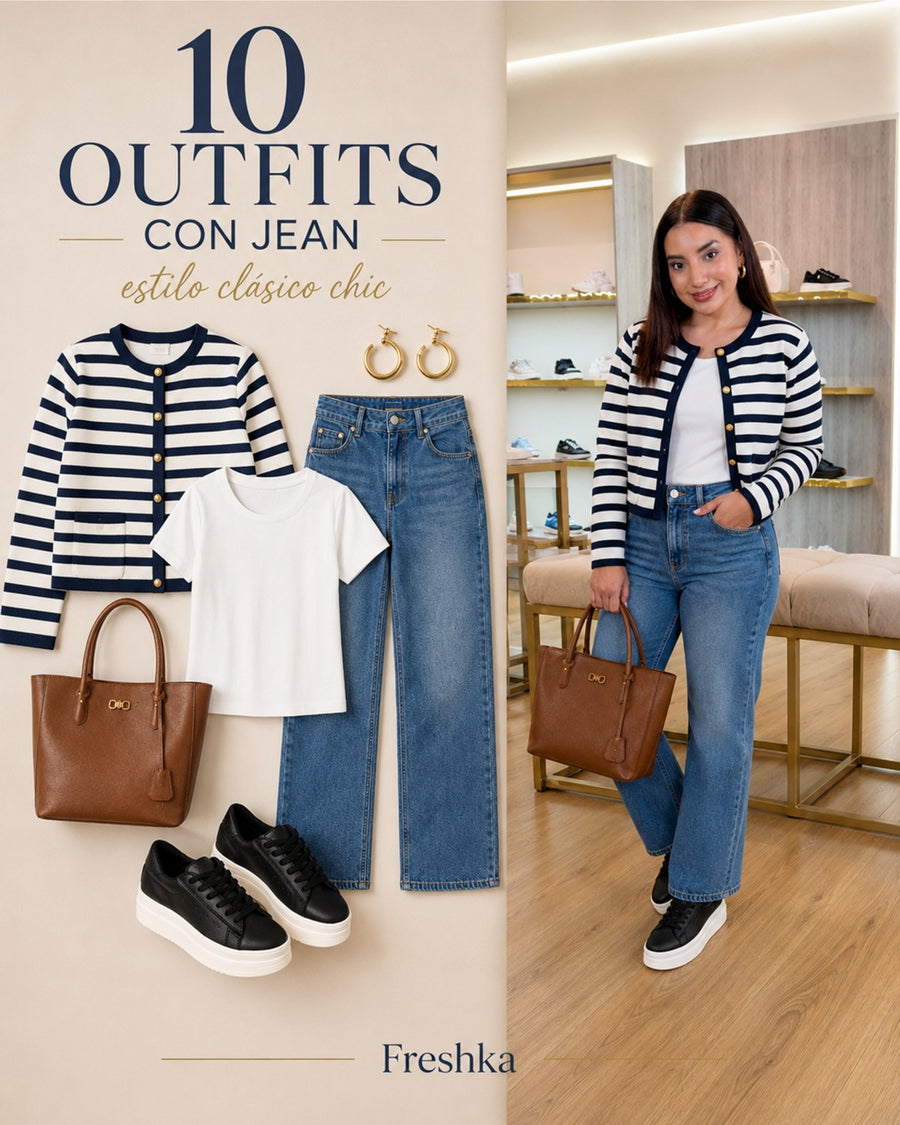 Look con tenis Oreo: cárdigan de rayas y jeans.