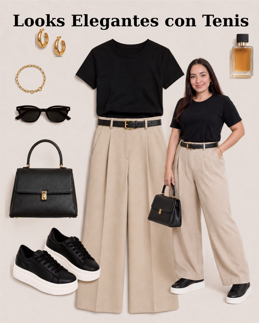 Look con tenis Oreo: camiseta negra y pantalón beige plisado.
