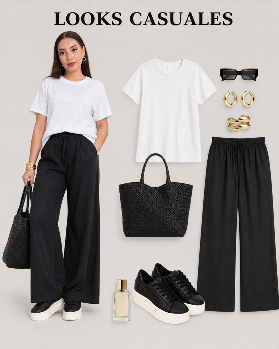 Look con tenis Oreo: camiseta blanca y pantalón negro.