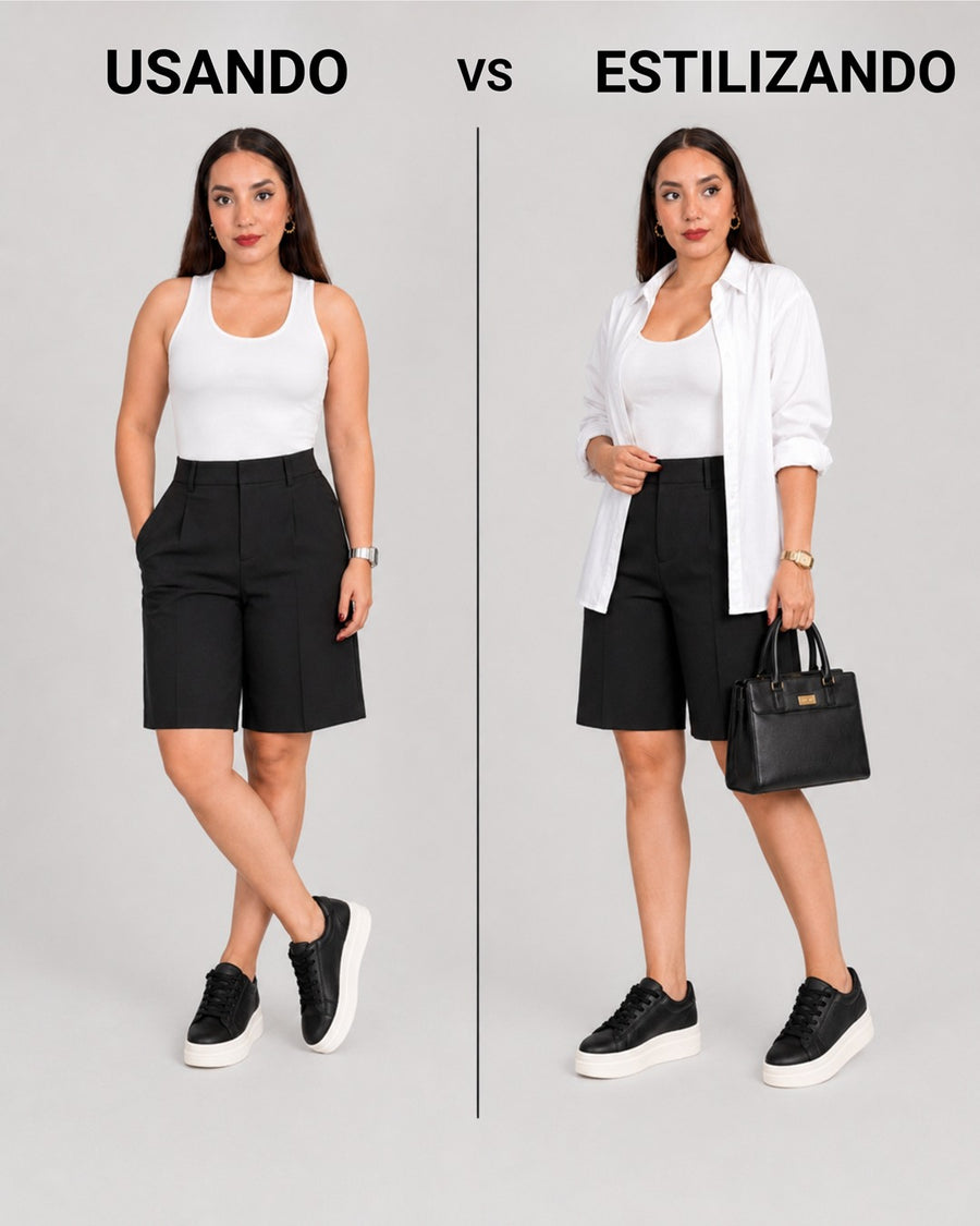 Look con tenis Oreo: bermudas negras y top blanco, con camisa blanca abierta.